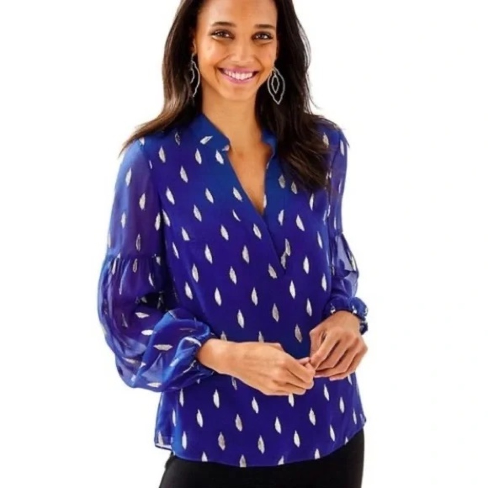 Womens Lilly Pulitzer Shea silk tunic top Lapis Lazuli blue metallic gold accent